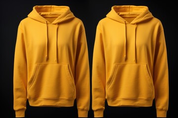 A pair of vibrant yellow hoodies with drawstrings, showcased side by side on a dark background, illustrating a bold and casual look