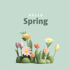  3d illustration of flowers with grass field, daisy and tulips on green hills. Cartoon render modern style