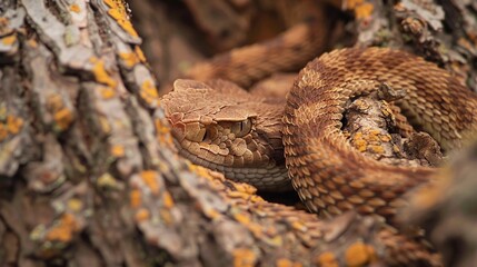 Wall Mural - closeup of rattlesnake resting on tree, a vivid portrayal of the risks faced in the natural world