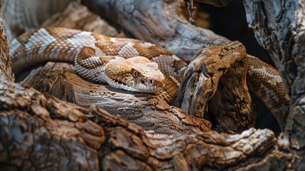 Wall Mural - closeup of rattlesnake resting on tree, showcasing the ominous presence of a venomous reptile