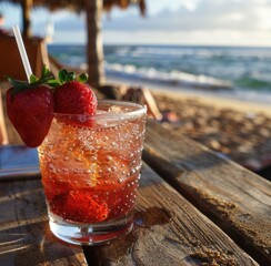 a drink with two strawberries at the beach and a straw