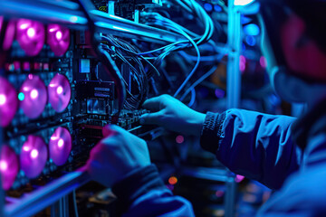 Poster - A person using a cryptocurrency mining rig