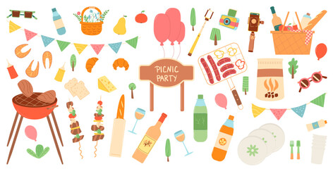Naklejka na meble Picnic party set isolated on white background. Spring holiday celebration activity elements. Summer birthday meal in park. Grill, bbq, garland basket with beverages and food. Vector flat illustration