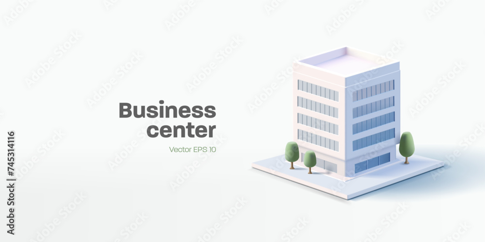 Business center building 3d render illustration with windows and trees ...