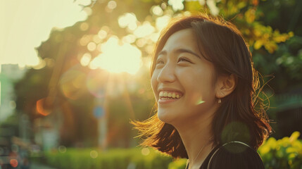 happy asian woman in bright tone daylight sunny day