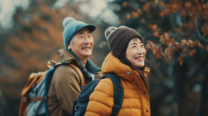 portrait cheerful smiling middle age asian woman hiking walking with her husband enjoying free time 