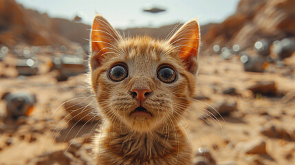 a surprised cat's selfie with UFOs in the background