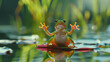A frog with a humorous expression mid-jump