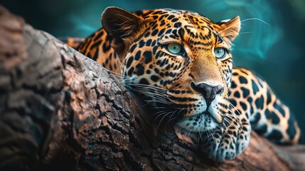 Wall Mural - closeup shot of a wild leopard resting calmly on a tree in the jungle