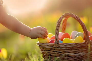 Wall Mural - Close up of kid hand with colorful Easter eggs in a basket.