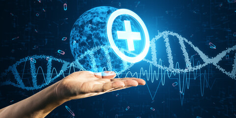 Poster - Hand showcasing medical technologies with a holographic plus sign and DNA structure, digital health concept