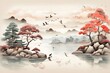 Asiatische Illustration einer Seenlandschaft mit Inseln, Bäumen und Vögeln