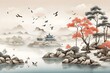 Asiatische Illustration einer Seenlandschaft mit Inseln, Bäumen und Vögeln