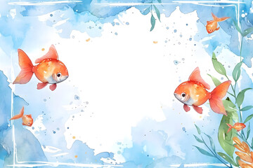 Wall Mural - Fish in underwater frame border background in watercolor style.