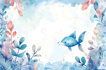 Wall Mural - Fish in underwater frame border background in watercolor style.