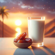 Rendered 3D scene, Milk glass, date on table, symbolizes conclusion of Ramadan's fast. Sunrise exudes calmness and tranquility, generative ai