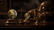 bitcoins near a bronze statue on a wooden table