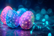 Easter eggs with futuristic technology on blue neon background.