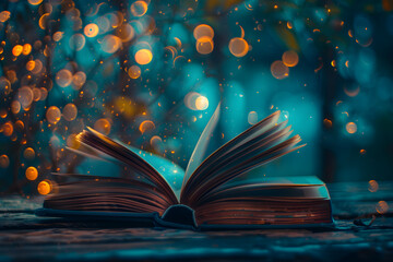 Wall Mural - Magic book with open pages and abstract bokeh background.