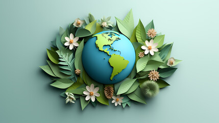 Illustration of earth surrounded by green leaves on soft blue background