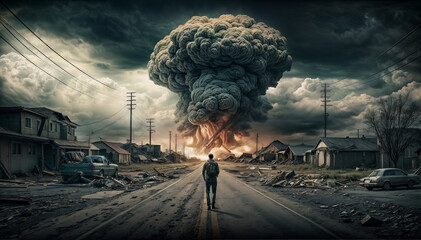 Conceptual image of nuclear explosion with man walking on the road