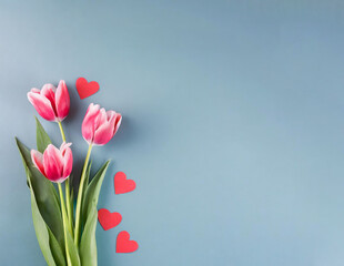 tulips on a blue background, paper hearts, isolated, space for text copy