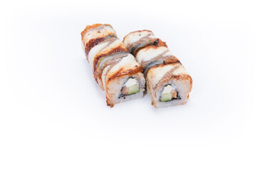 Wall Mural - Japanese roll with bacon and cheese on a white background.