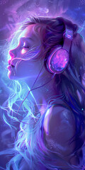 Girl Listening Music with Headphones Colorful Concept Drawing Art image HD Print 4608x9216 pixels ar1:2. Neo Modern Art V5 13