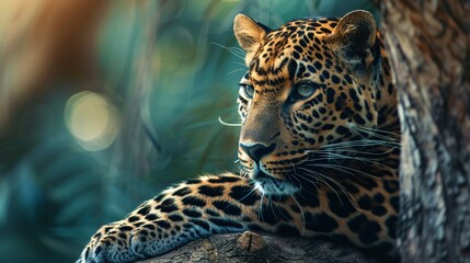 Wall Mural - a wild leopard blending into its surroundings, resting on a tree in closeup