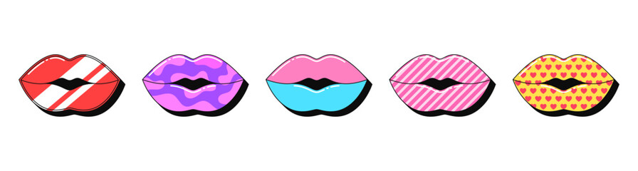 Poster - Isolated retro lips icon set, vector stickers. Juicy lips, love and passion, female beauty, fashion makeup, glamour lipstick. 3d lips with pattern. Retro design elements for party and pop culture
