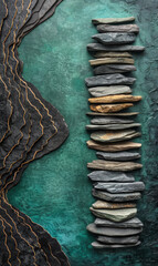 Wall Mural - Stack of stones on teal background with a textured rock.