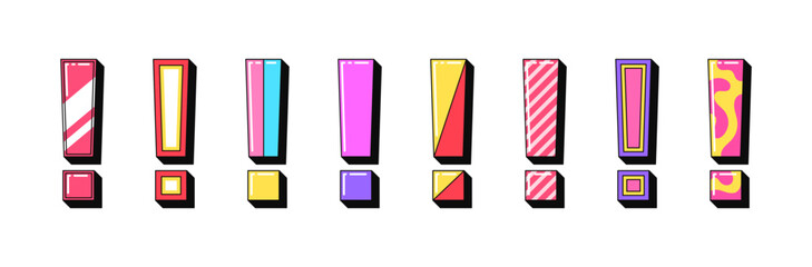 Poster - Isolated retro exclamation icon set, vector stickers. Warning sign, important information, alert, attention, caution. 3d exclamation marks with pattern. Retro design elements for ads and pop culture