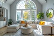 grey and yellow living room with an arched window, mirror and an ottoman