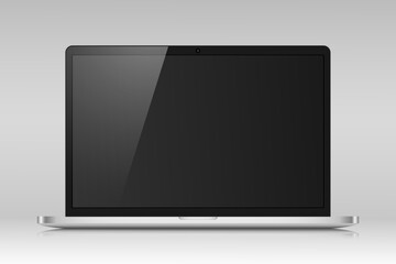 Fototapete - Realistic laptop layout with a black screen and reflection on a gray gradient background. Vector illustration.