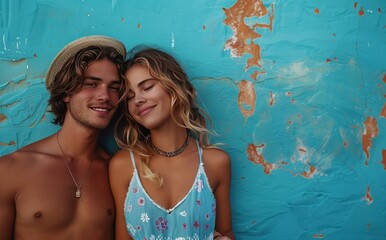 Wall Mural - young couple posing near a blue wall