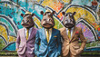 drei Nilpferde im anzug, graffiti, wand, trendy, hispetr, neu, cartoon, spaßig, reklame