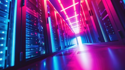 Poster - Abstract data center network system. Server racks in server room data center .computer network security concept.