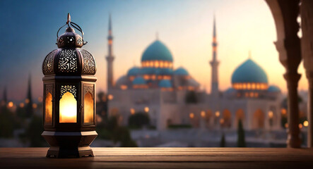 Wall Mural - Ramadan islamic lanterns with night bokeh light with a blurred mosque ramadan HD background