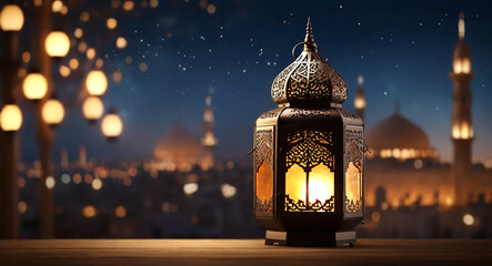 Wall Mural - Ramadan islamic lanterns with night bokeh light with a blurred mosque ramadan HD background