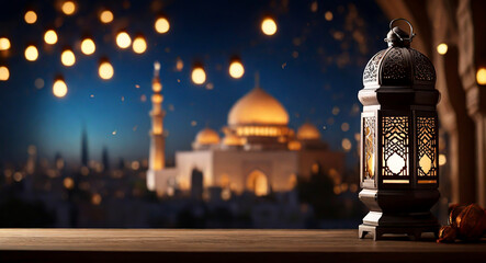 Wall Mural - Ramadan islamic lanterns with night bokeh light with a blurred mosque ramadan HD background