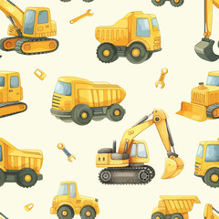 Seamless pattern of watercolor construction equipment. Special machines for the construction work. Forklifts, cranes, excavators, tractors, bulldozers, trucks.