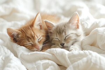 Wall Mural - Two kittens sleep on silk sheets. Concept for sleep.