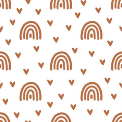 Wall Mural - Seamless pattern with brown hearts and rainbows