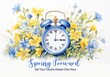 Daylight saving time begins banner. Spring forward reminder card with alarm clock and birds with blossoming flowers. Text Set your clocks one hour ahead. Illustration in vintage watercolor style