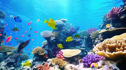 Wall Mural - Tropical underwater sea with beautiful fish and coral reef. Rich colors of tropical fish and animals of the underwater sea world with smooth sun light.