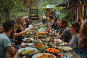 A group of diverse people gathering around a table, enjoying a communal meal of delicious and healthy dishes, fostering connection and promoting a balanced lifestyle.