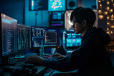 Fototapeta Konie - An Asian hacker immersed in cybercrime activities, utilizing sophisticated technology and clandestine tactics to infiltrate systems and compromise digital security.