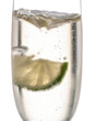 ein freigestelltes erfrischendes kühles Sektglas mit Luftblasen und Zitrone im Glas auf freigestelltem Hintergrund