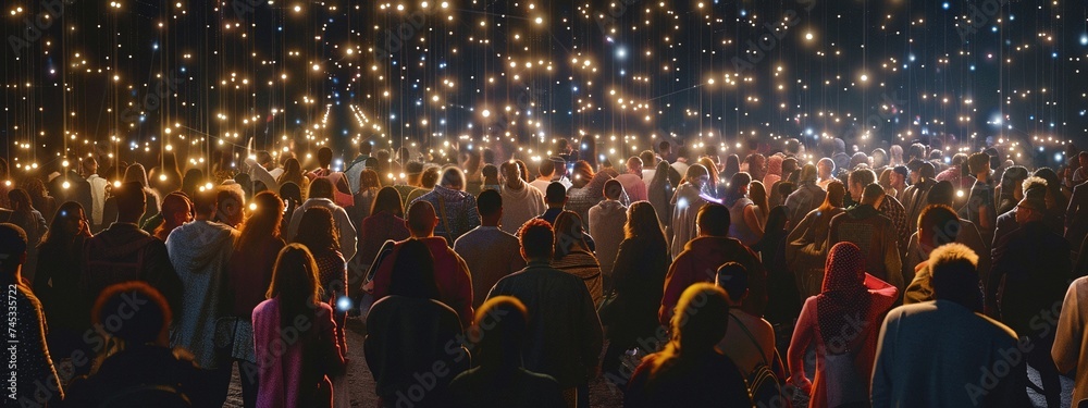 Internet Crowd vibrant digital network connecting a large crowd of people through ...