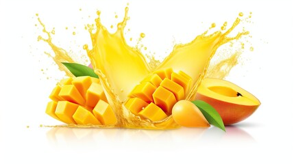 mango slices with splash of mango juice isolated on transparent background